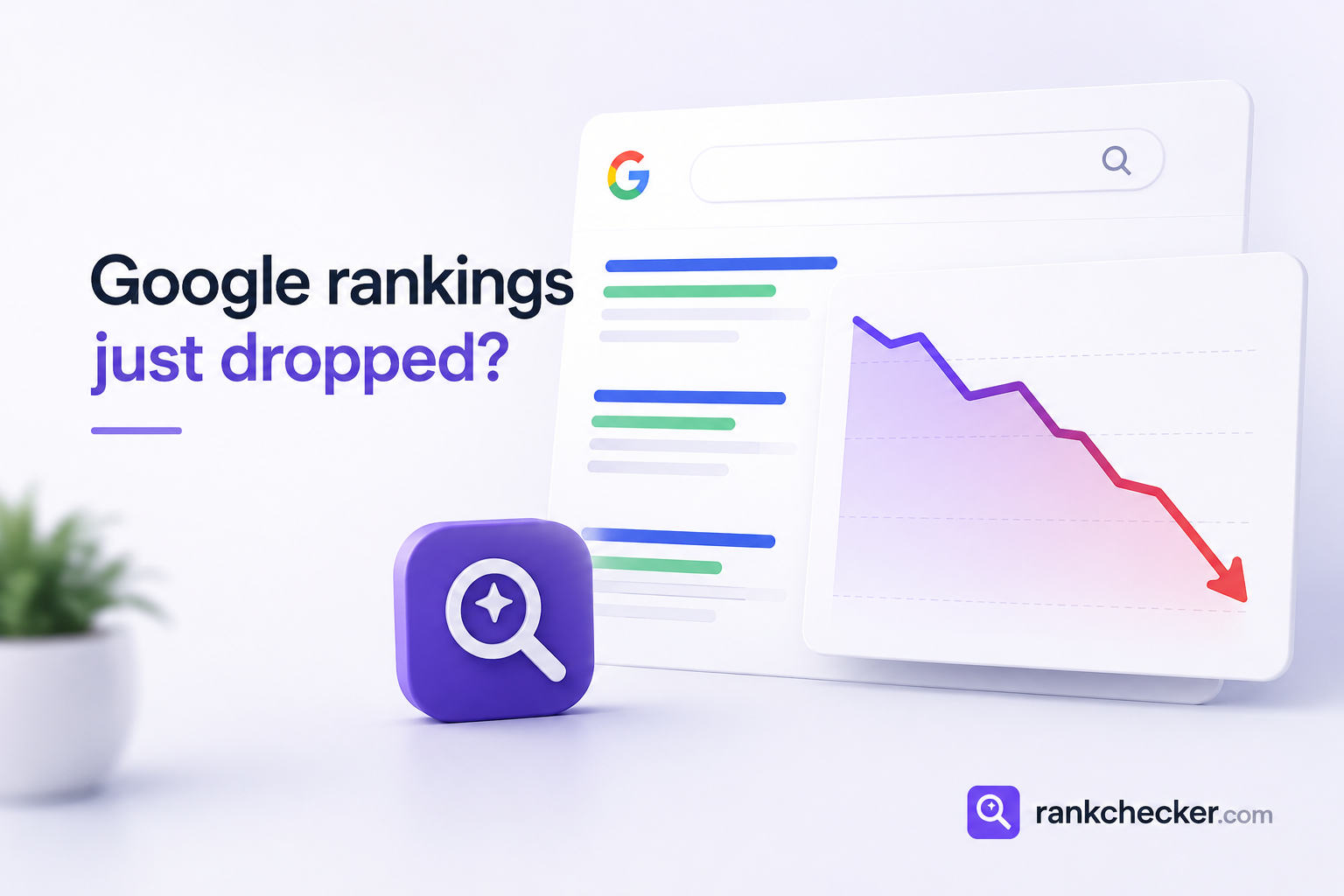 Minimal RankChecker header graphic showing Google search results and a downward ranking trend chart.