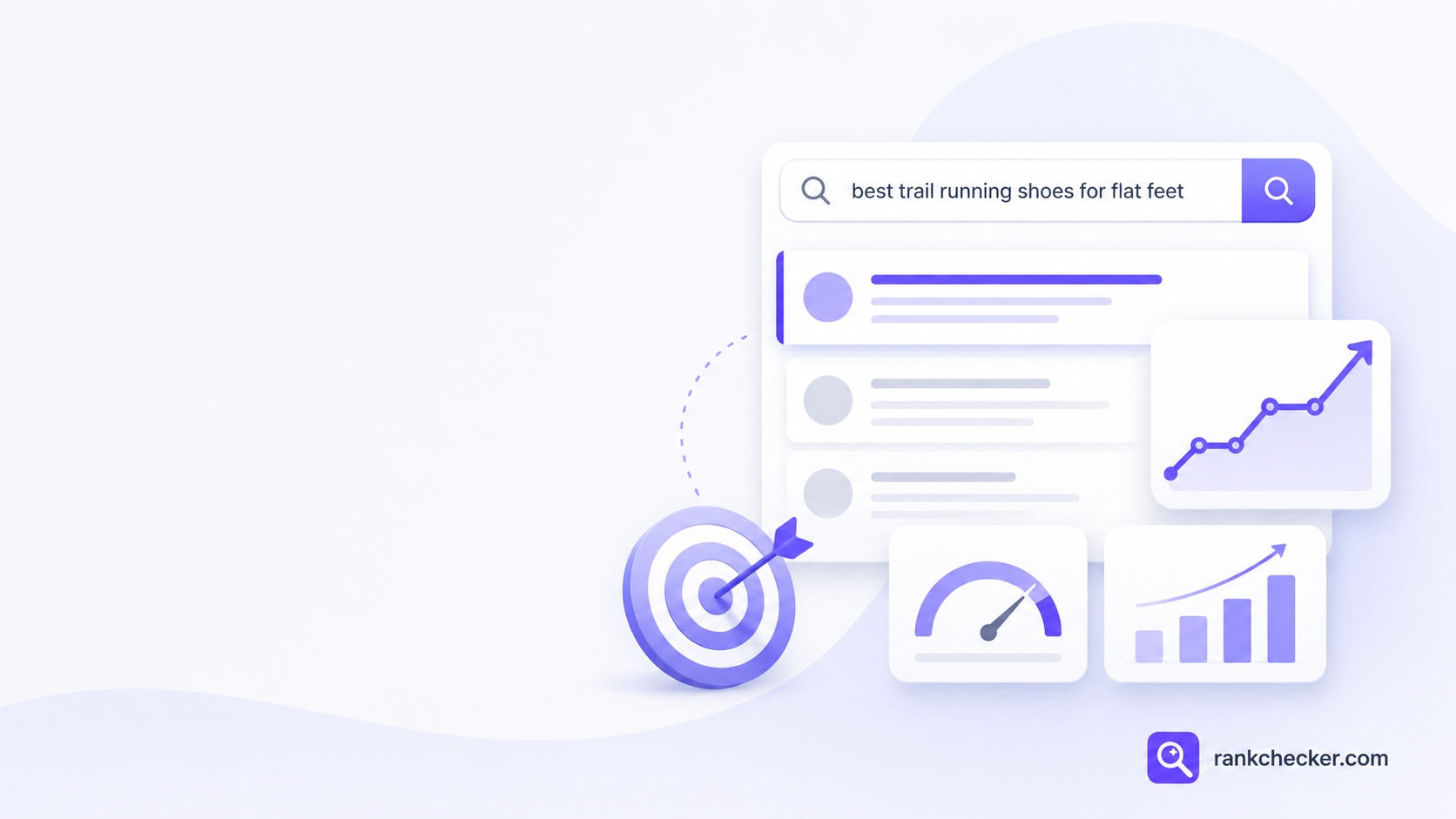Minimal search and analytics illustration showing long-tail keyword targeting with rising ranking charts and the RankChecker.com logo.