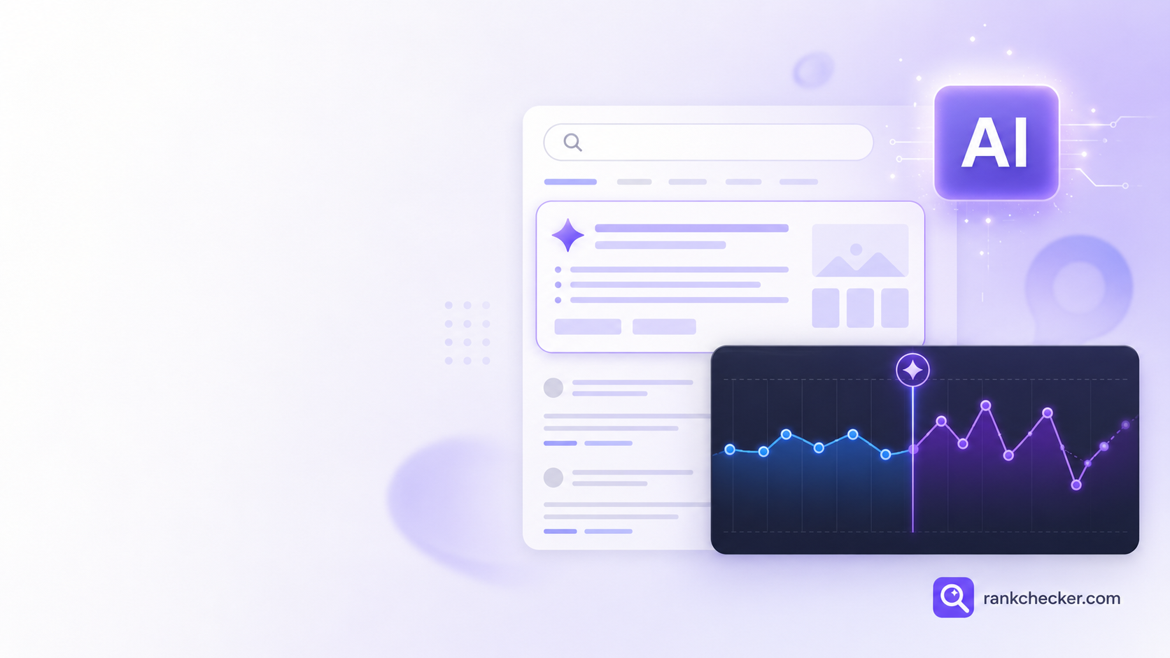 Minimal AI search results interface with a rank tracking chart and RankChecker.com logo.