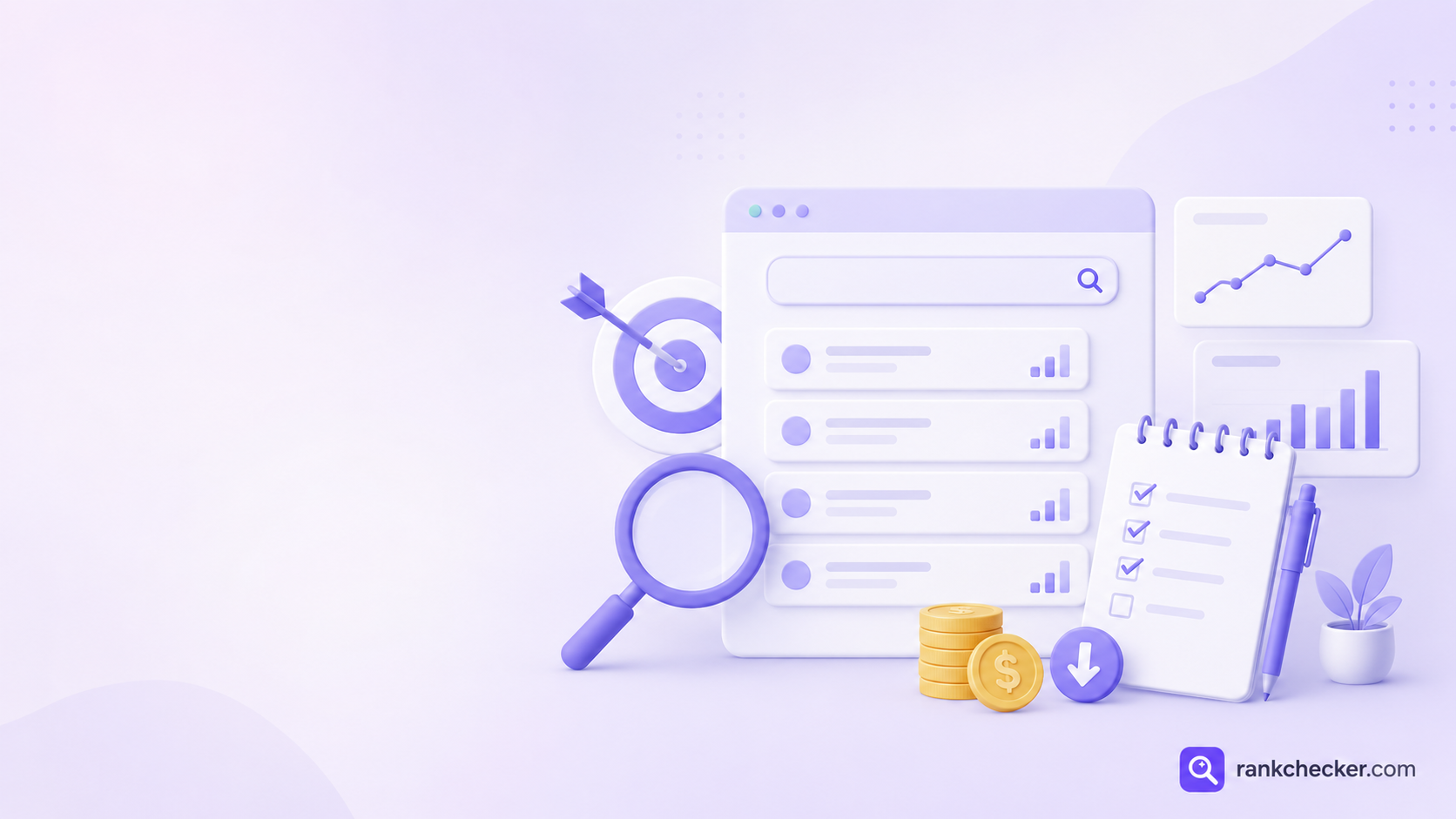 Minimal keyword research illustration with search results, analytics charts, a checklist, and the RankChecker.com logo.