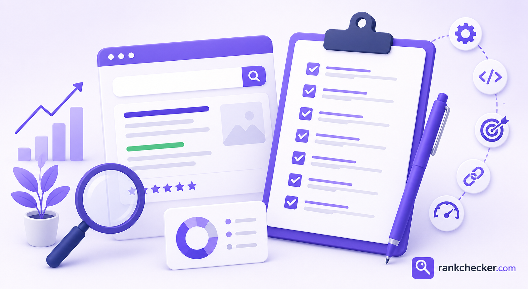 Purple RankChecker-style SEO checklist illustration with a browser window, checklist clipboard, analytics charts, and rank tracking icons.